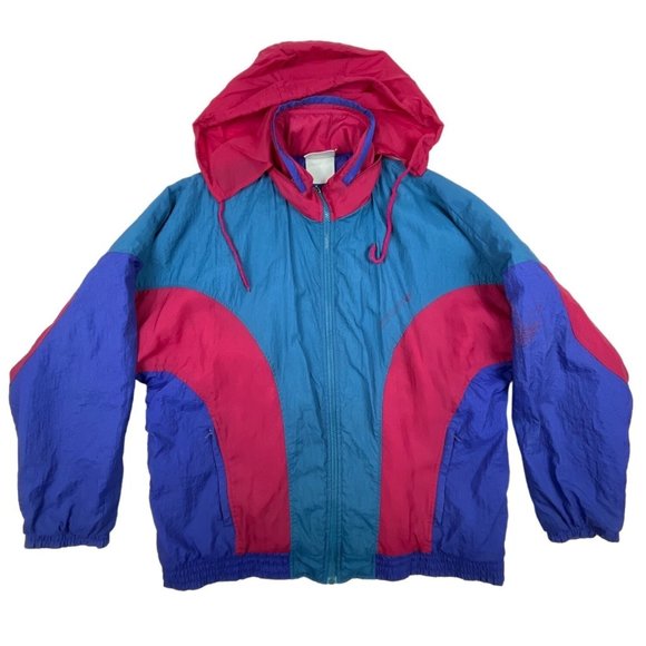 Vintage Adidas Blue Red Clam Shell Logo Hoodie Padded Winter Jacket Sz L - Picture 1 of 14